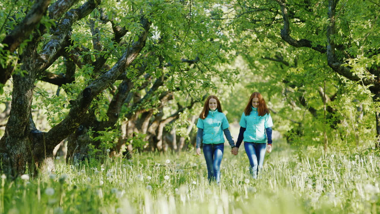 두 젊은 여성 빨간 머리 농부는 사과 정원에서 바구니와 함께 3