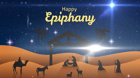 animation of happy epiphany text over snow falling and nativity scene