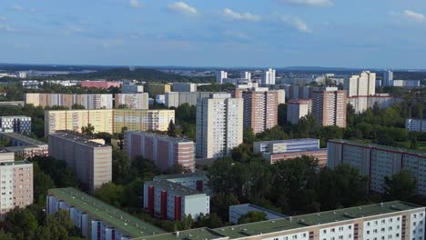 stunning aerial top view flight large panel system building apartment, prefabricated housing complex, berlin marzahn east german summer 2023