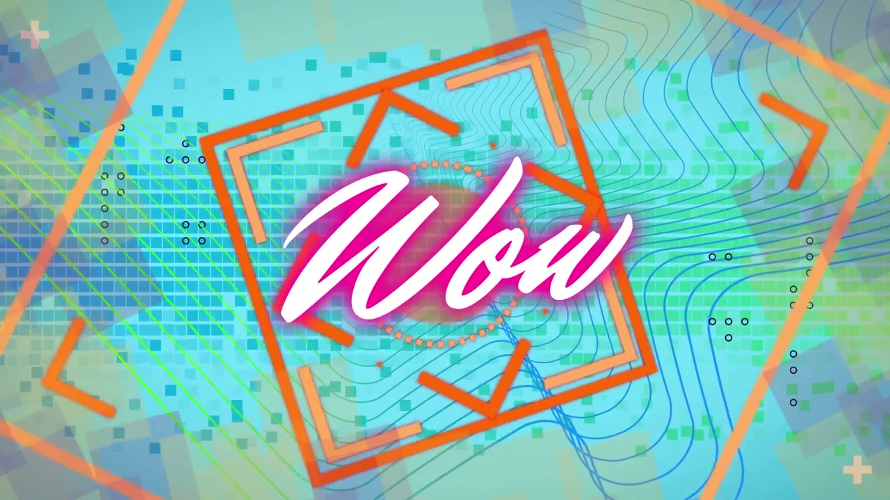 Animazione del testo "Wow" su forme al neon, su sfondo verde.