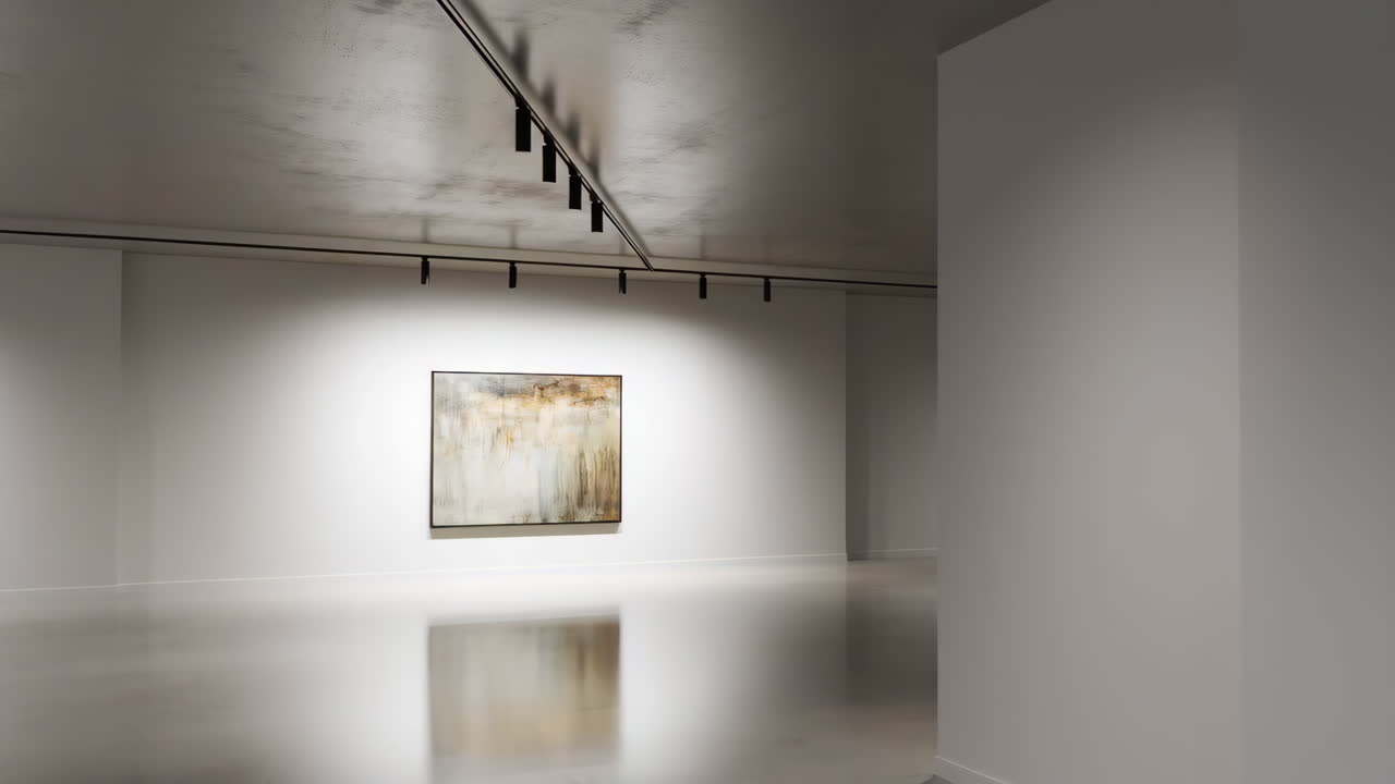 An empty modern art gallery with a single abstract painting illuminated by spotlights