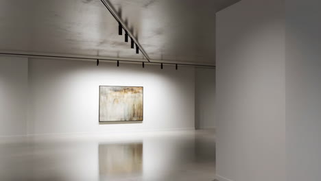 an empty modern art gallery with a single abstract painting illuminated by spotlights
