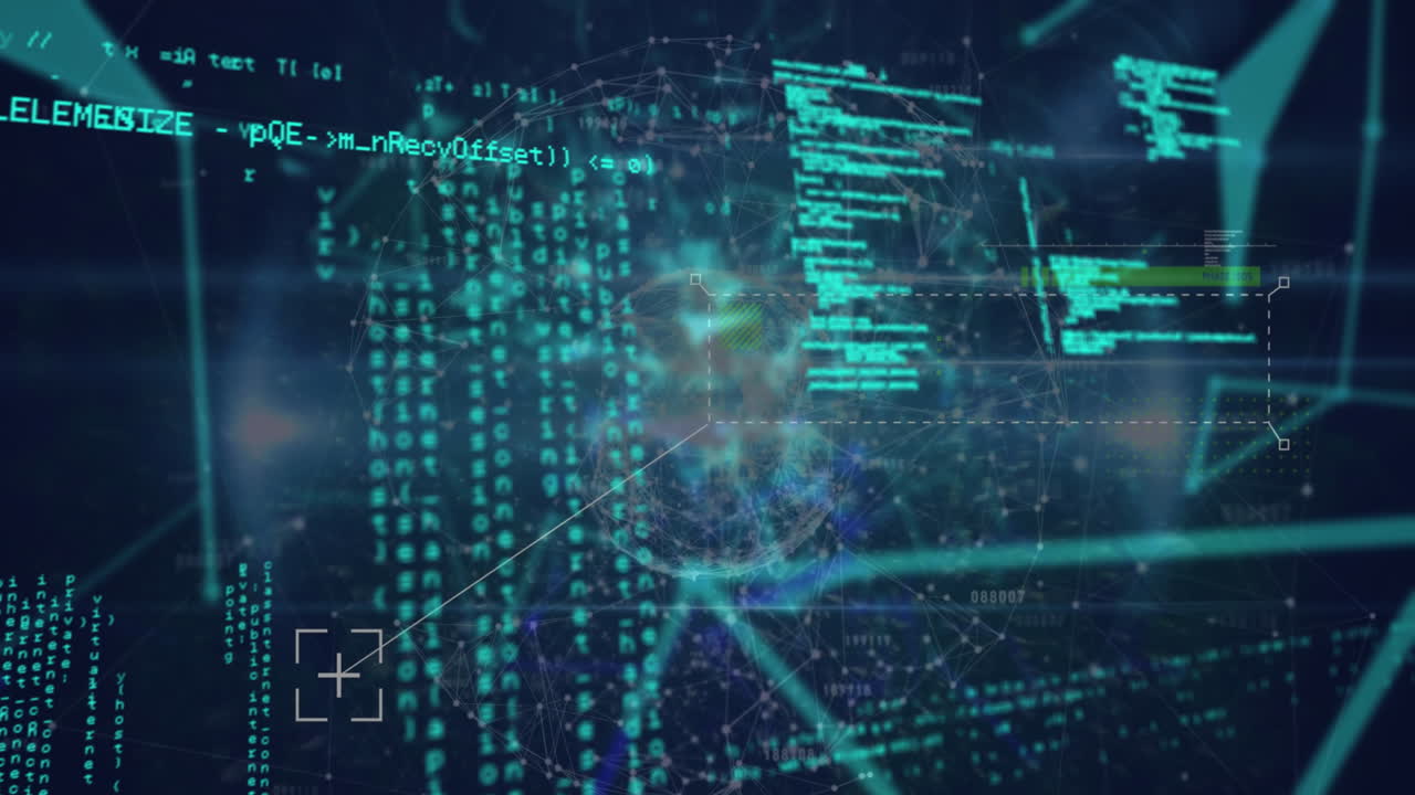 Animation of globe with network of connections and data processing