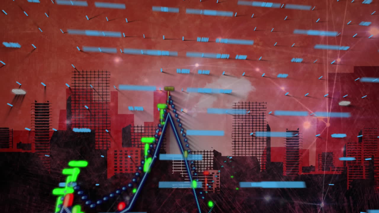 도시 풍경 위의 금융 및 비즈니스 데이터 처리의 애니메이션