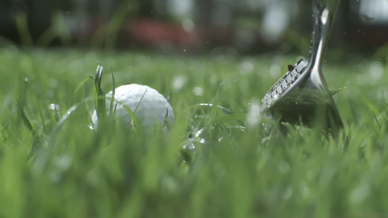 Golfclub raakt een witte golfbal in slow motion. Druppels ochtenddauw en grasdeeltjes stijgen op in de lucht na de impact. Opgenomen met een slow motion-camera van 1000 fps