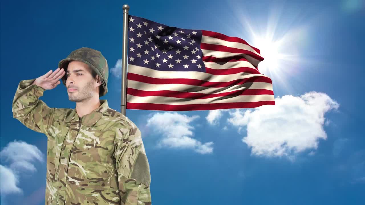 animación digital de un soldado estadounidense saludando contra la bandera estadounidense 4k