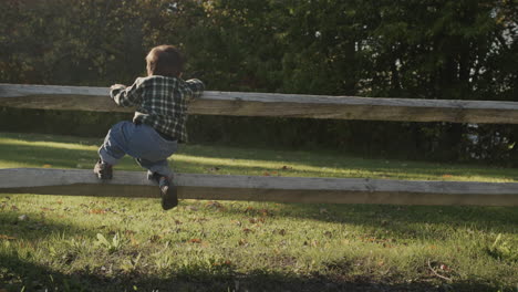 un niño de dos años trepa una valla de madera, se divierte y pasa activamente tiempo en el parque