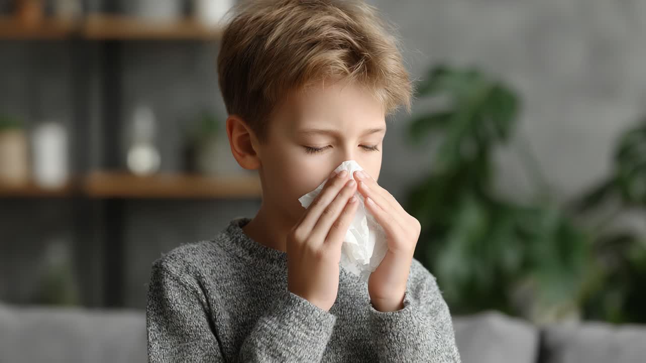 Young Boy With Tissue in Hand Experiencing Cold Symptoms at Home, Reflecting Sadness and Discomfort in a Relaxed Indoor Environment