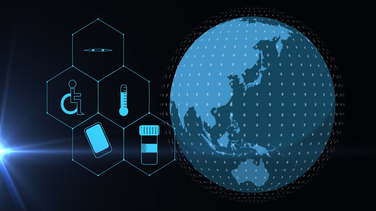 검은 바탕에 있는 의료 아이콘과 지구의 애니메이션