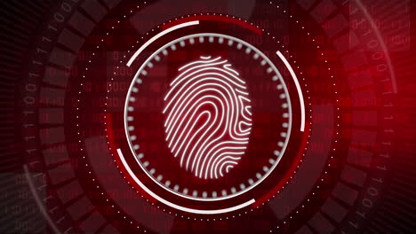 animation of fingerprint scanner. motion digital elements and 3d graphics with binary code. biometric identification. looped animation on red background.
