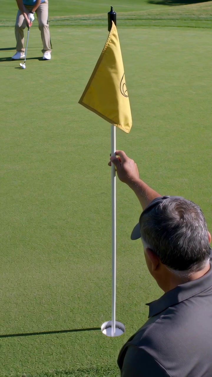 Video verticale: Golfista, uomo con cappellino grigio che estrae la bandierina gialla dalla buca sul green, lasciando il putt.