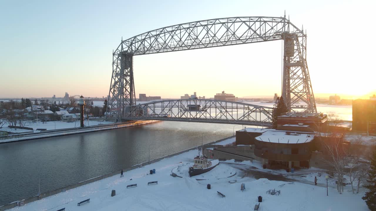 Winter sunset at Canal Park bridge, Duluth, Minnesota