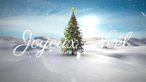 Animation-of-joyeux-noel-christmas-greetings-over-christmas-tree-in-winter-scenery