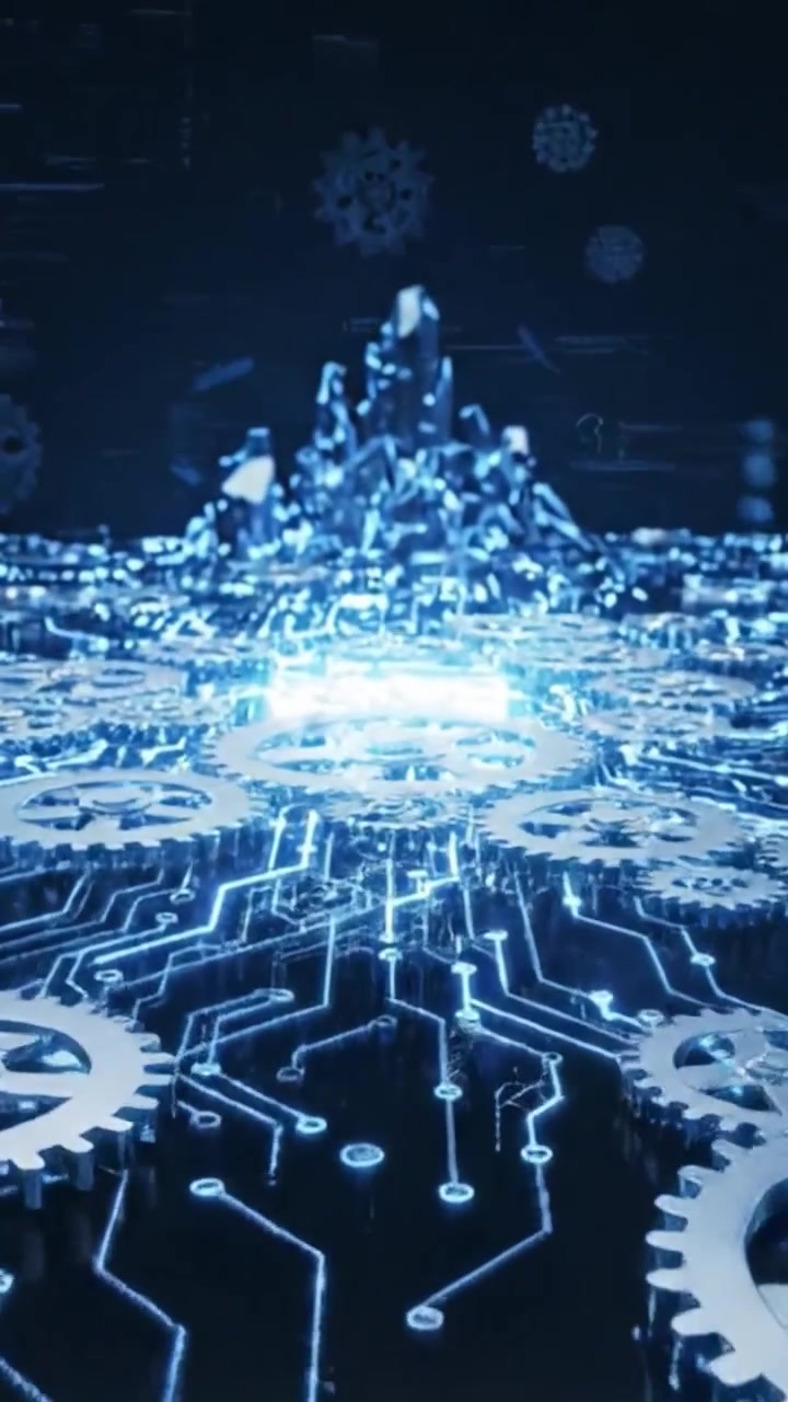 A Stunning Display of Digital Innovation Featuring Interconnected Gears and Circuitry Interacting in a Futuristic Environment with Bright Blue Illuminations