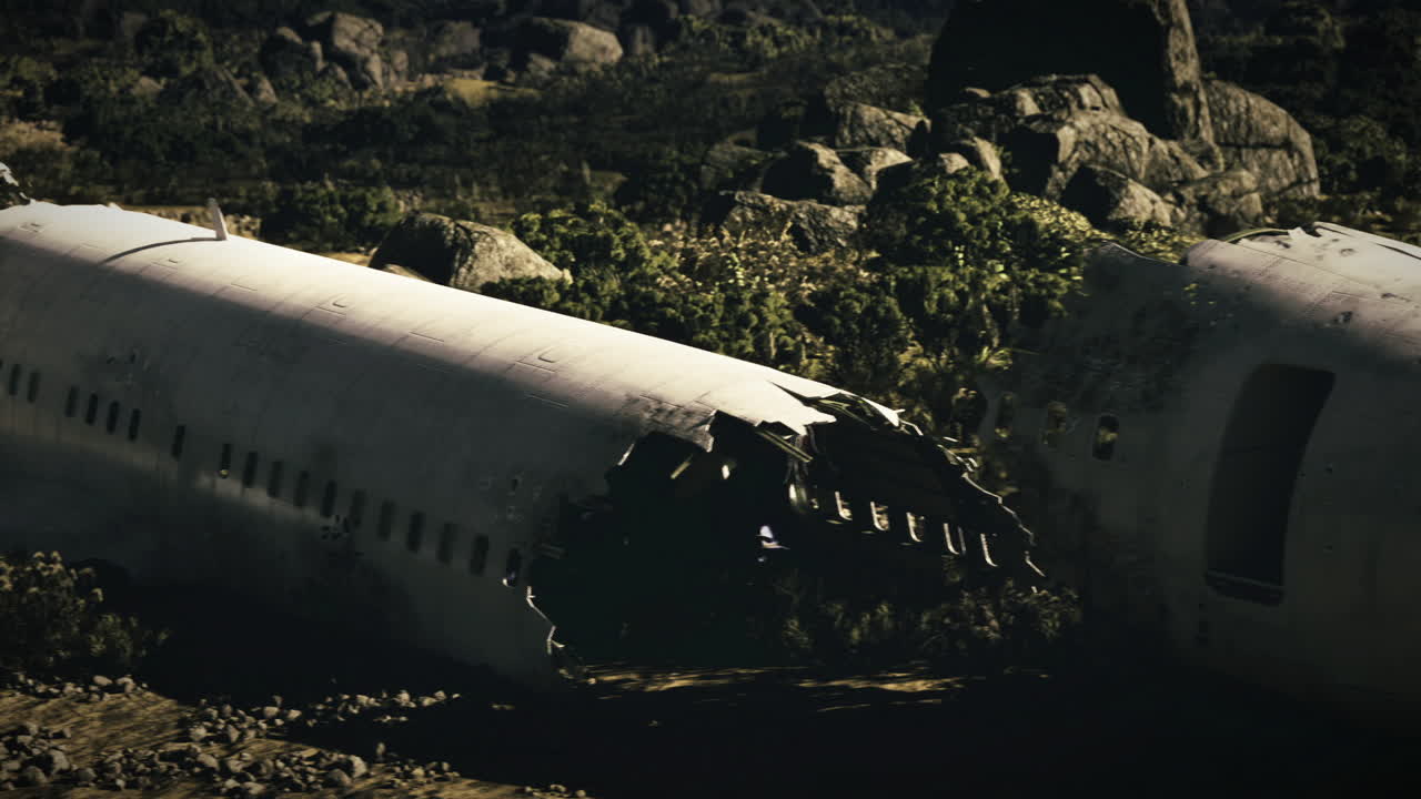 Resti fatiscenti di aeromobile sparsi in un paesaggio di burrone bruciato