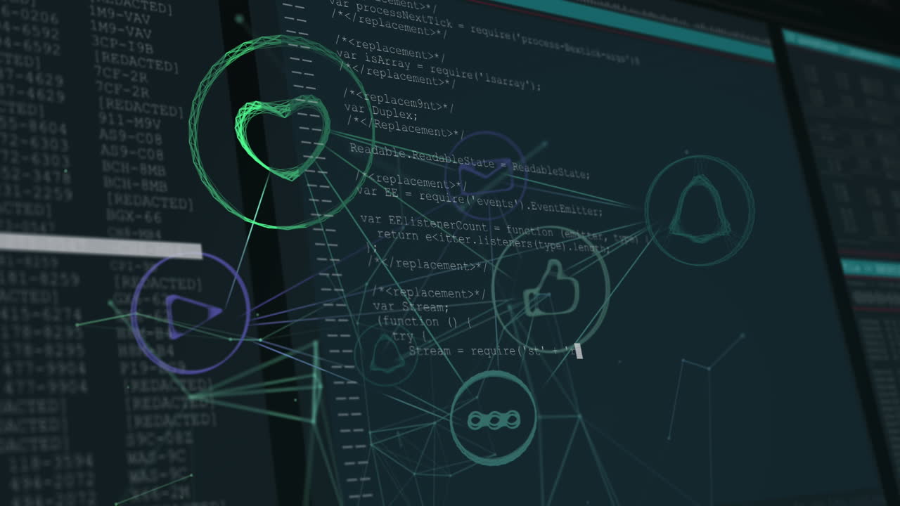 연결된 소셜 미디어 아이콘과 검은색 배경에 움직이는 정보와 인터페이스의 애니메이션