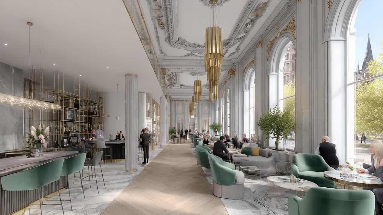 Elegant Interior of a Luxurious Lounge Space Showcasing Modern Design Elements Combined with Classic Architectural Features, Creating a Welcoming Atmosphere for Guests