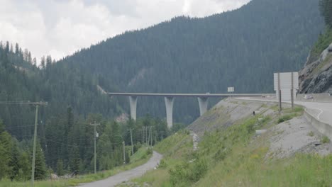 park bridge from the kicking horse rest area that crosses over kicking horse river near golden british coumbia, canada