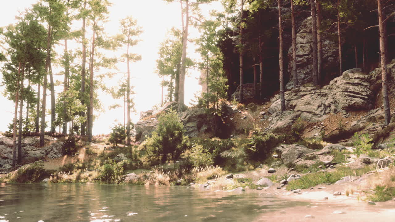 una hermosa escena forestal con un lago y montañas