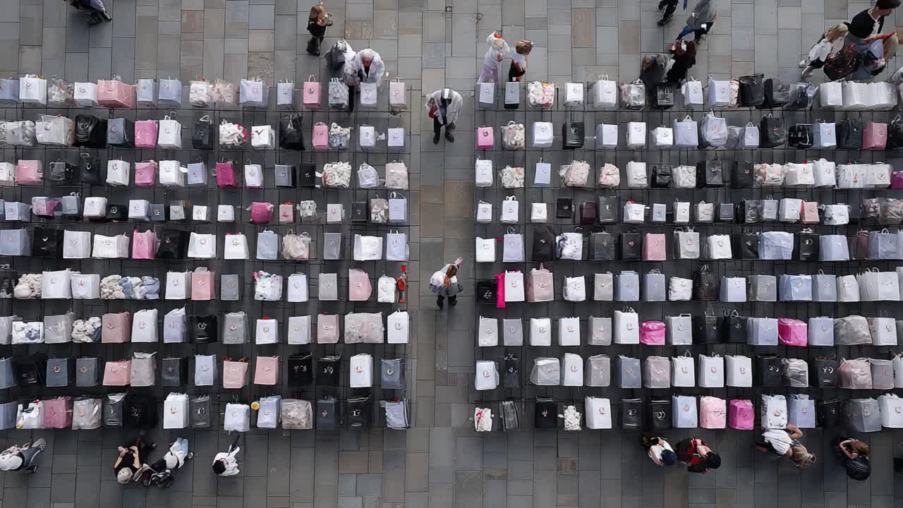 Aerial View of Colorful Display of Covered Items at a Public Gathering, Showcasing an Organized Arrangement with Diverse Textiles and Participants Engaged Below in Movement