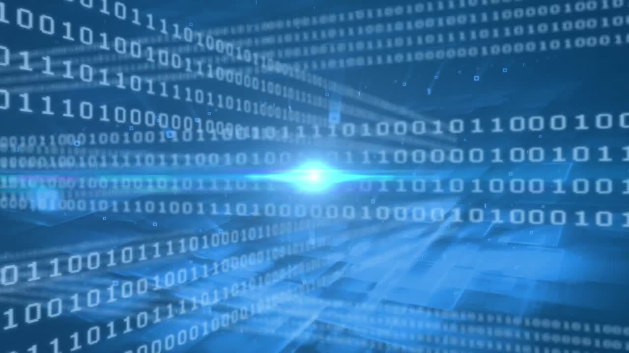 Animation of binary coding digital data processing on blue background