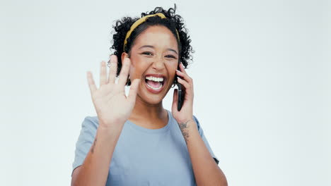 hello, hands and woman face with phone call