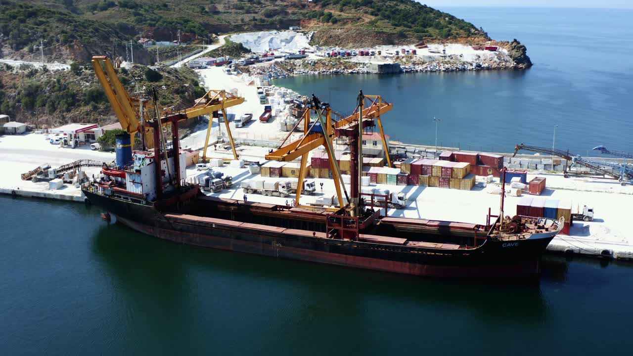 Aerial view of Marble quarry pit with rocks and blocks of marble in Marmara island, Balikesir, Turkey