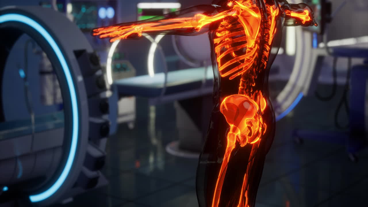 Detailed view of human bones in a futuristic medical environment