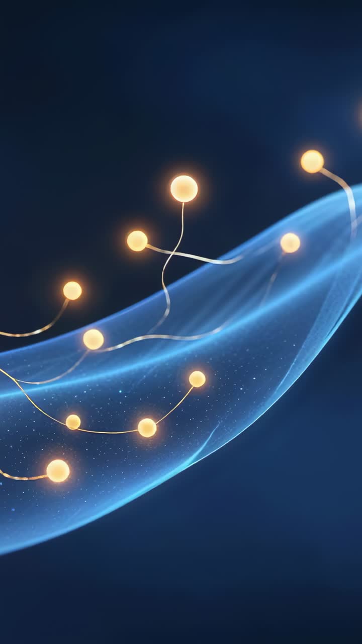 Vertical video: Pulsing ribbon wave in digital space carrying glowing yellow spheres on filaments