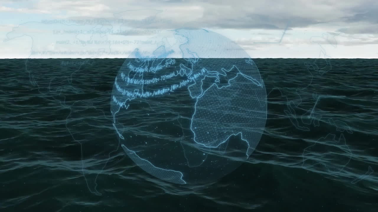 Globe with data processing animation over ocean waves