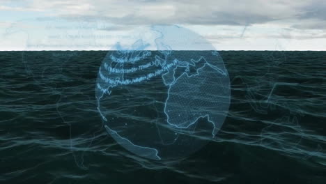 globe with data processing animation over ocean waves