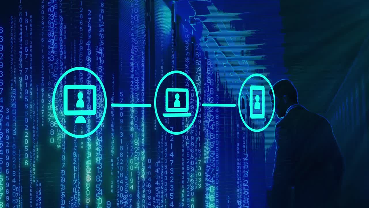 animación de iconos y procesamiento de datos sobre el hombre caucásico por servidores informáticos