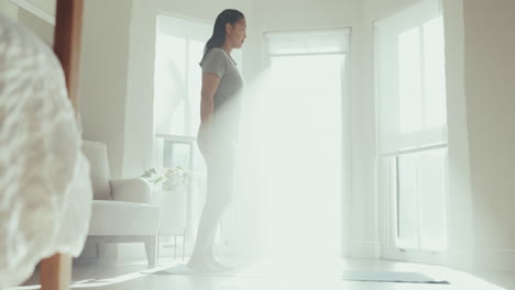 peace, yoga and stretching with woman in living