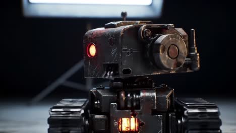 an enigmatic robotic character with glowing eyes and unique design captured in two frames, showcasing its mechanical features and intricate details