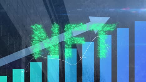 animation of arrow, graphs and nft over office buildings