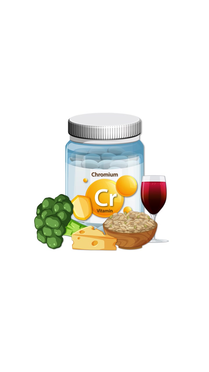 Appare un flacone di vitamina al cromo con broccoli, formaggio, cereali e vino, enfatizzando le fonti alimentari ricche di nutrienti.