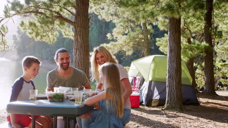 familia haciendo un picnic mientras acampan junto al lago en una aventura en el bosque