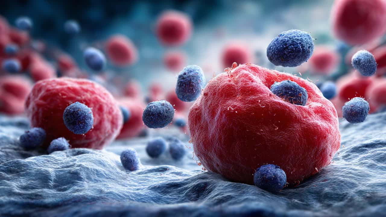 An Intricate Display of Cellular Interaction: Exploring the Dynamic Microcosm of Red and Blue Cells in a Vivid Cellular Landscape