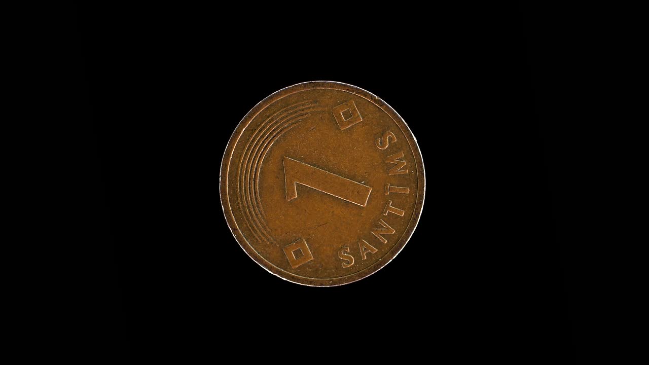 Latvia 1992 1 santims coin reverse with denomination, semicircular arcs and diamond suns rotating on black background