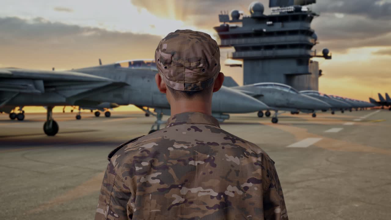 Military personnel on aircraft carrier deck at sunset