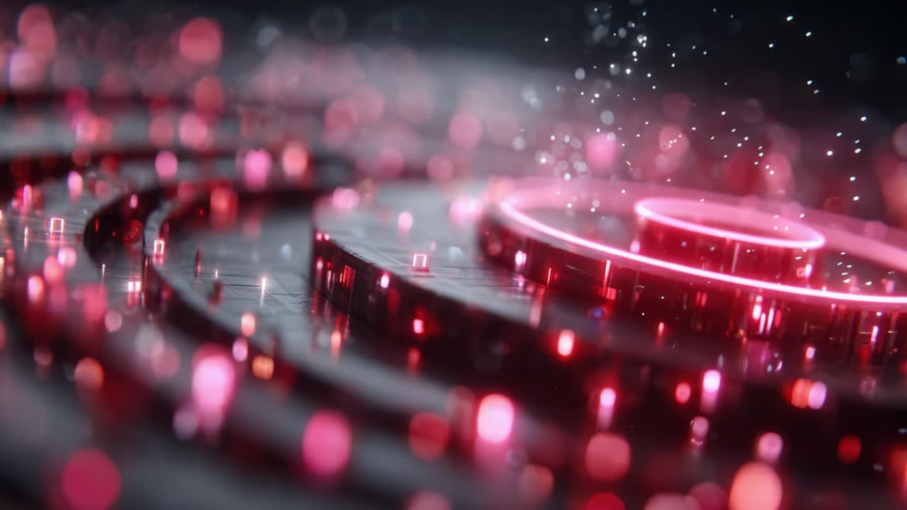 A mesmerizing visual of concentric circular patterns pulsating with vibrant red and pink lights, creating a captivating atmosphere filled with dynamic energy and shimmering effects