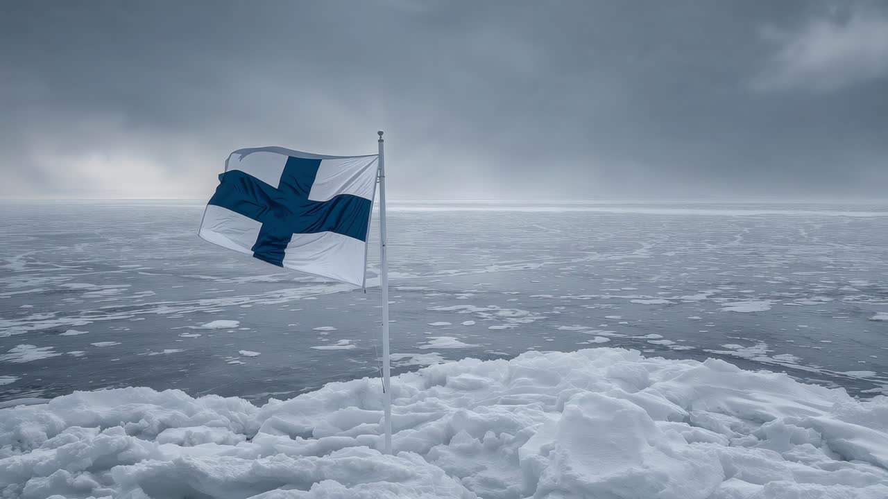 Fluttering white flag with dark-blue cross on pole, responding to gusts in snow at sea