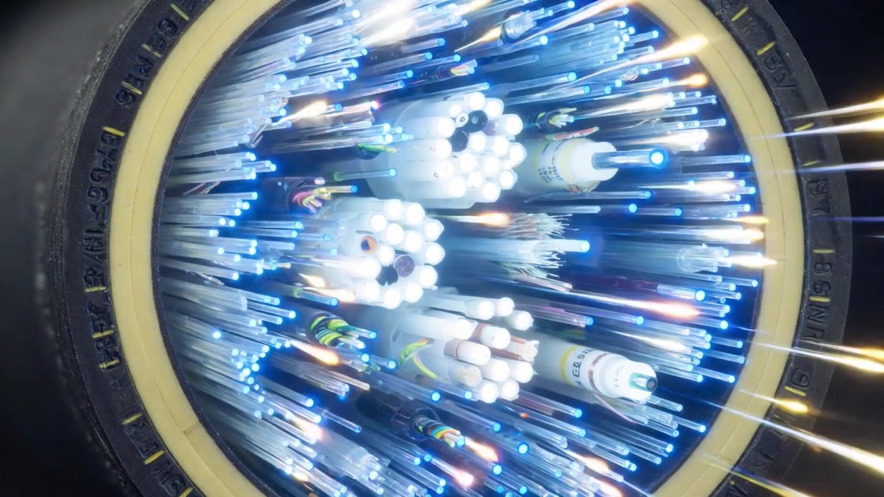 Colorful Light Pulses Moving Through Fiber Optic Cable