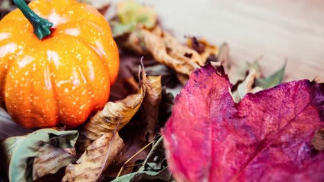 Animación-De-Calabaza-Y-Hojas-De-Otoño-Sobre-Fondo-De-Madera