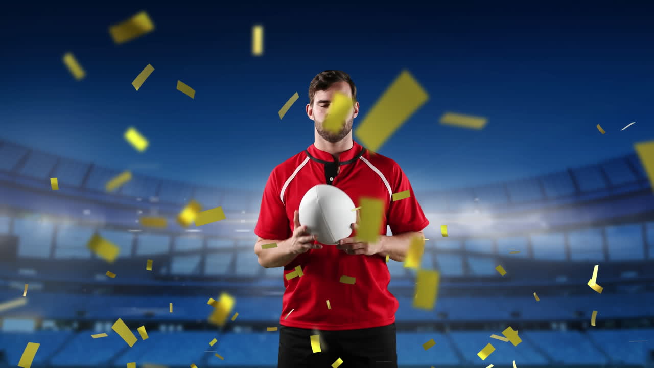 프로 럭비 선수 가 경기장 앞 에 서 있다