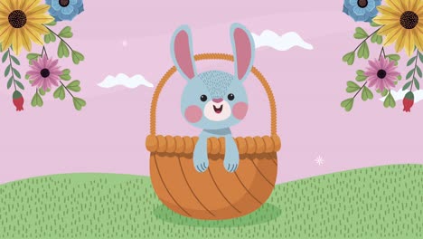 happy easter animation with rabbit in basket and flowers