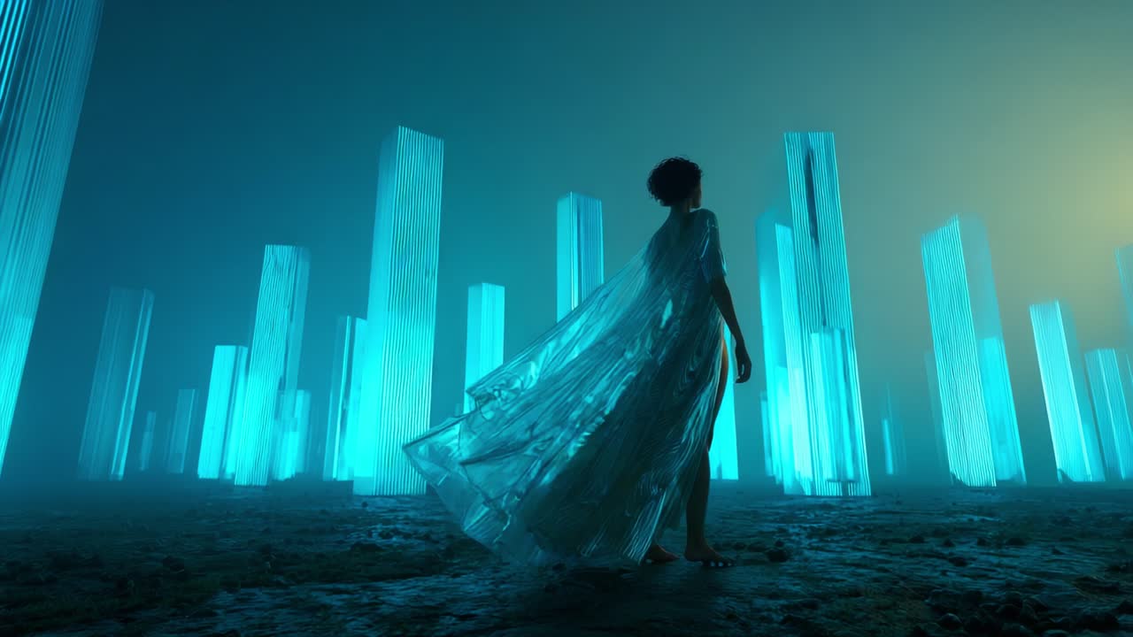 A woman in a futuristic cityscape