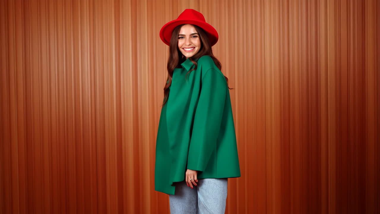 Woman in Green Coat and Red Hat Posing