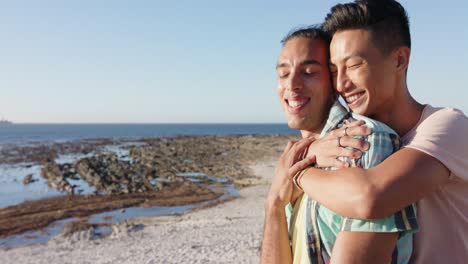 Happy-diverse-gay-male-couple-embracing-at-promenade-by-the-sea,-slow-motion