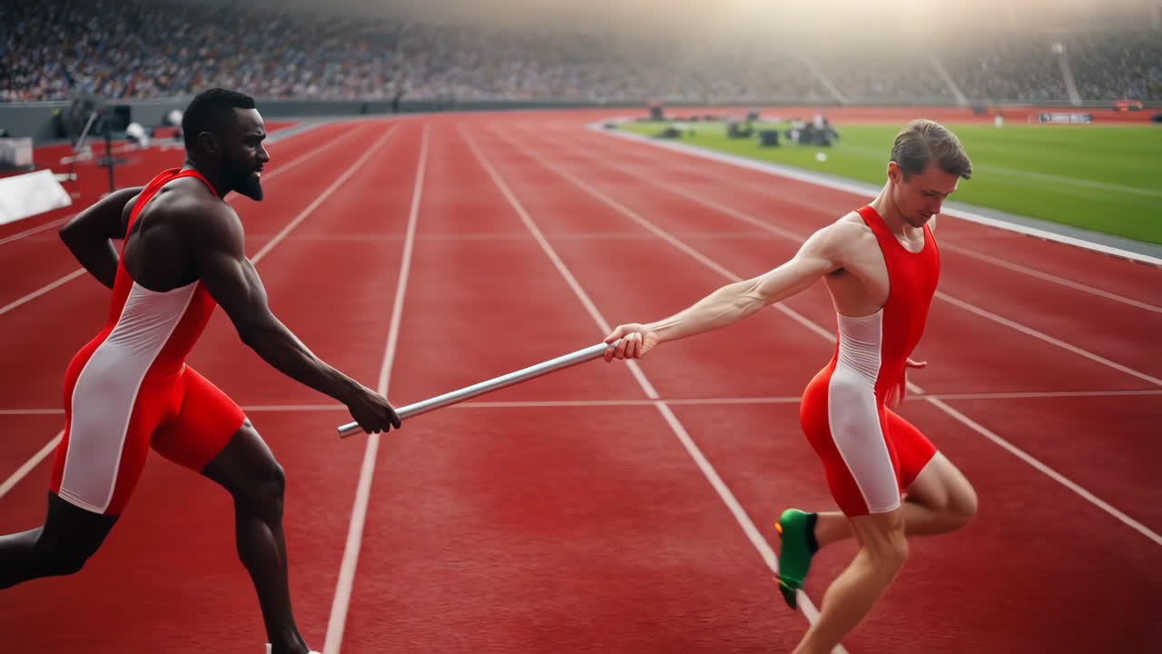 Athletes performing a baton exchange in a relay race